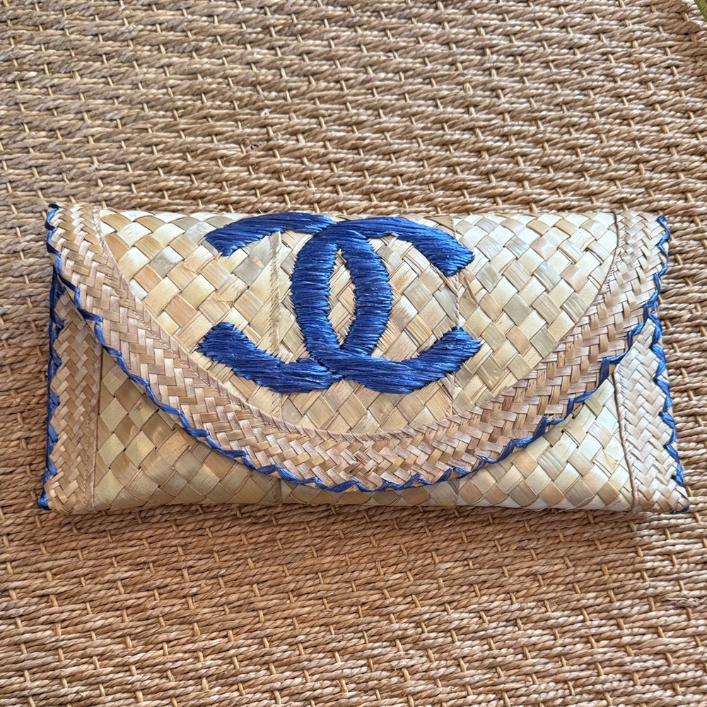 Woven Straw Clutch with Blue Details